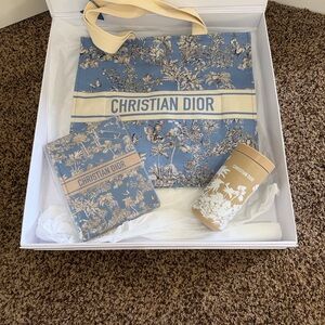Dior Blue and Cream Tote Bag, matching notebook and insulated coffee mug